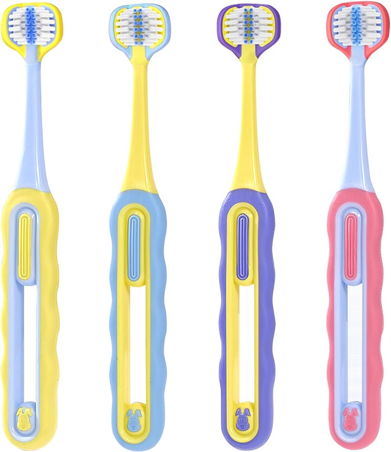 FOREVIVE 3-Sided Toddler Toothbrush 4-Pack | Ultra-Soft Bristles for Ages 1-12 | 4 Fun Colors (Gentle, 360° Cleaning, Comfortable for Sensitive Gums), Easy-Grip Handle & Quick Cleaning - Image 1